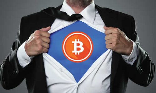 Super hero disguise with Bitcoin logo on it