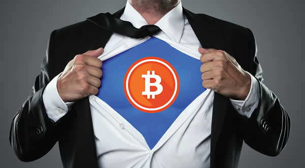 Super hero disguise with Bitcoin logo on it